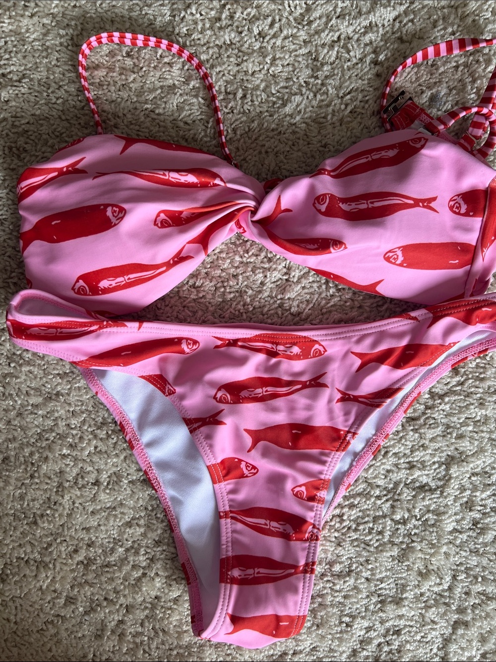 SHEIN Pink Bikini Set with Red Fish Print Twist Top